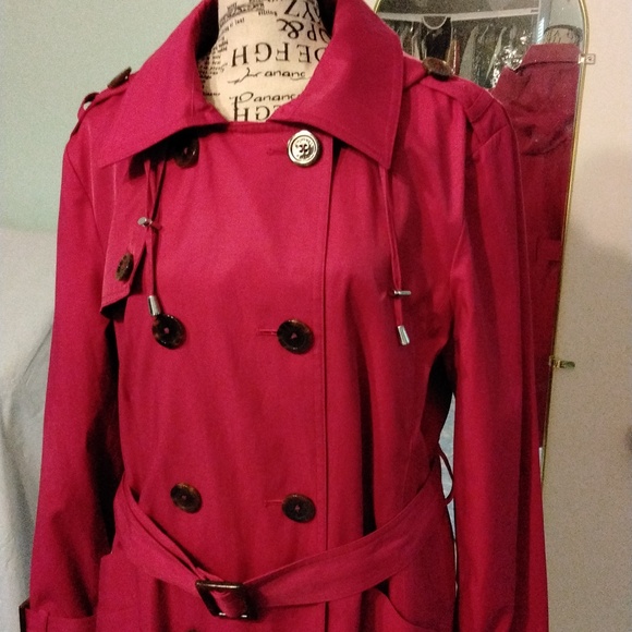 Women's NWOT MICHAEL Michael Kors Hot Pink double breasted hooded trench Sz XL - Picture 2 of 8